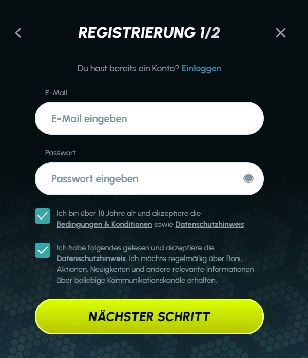 Slotexo Casino Registration step 1